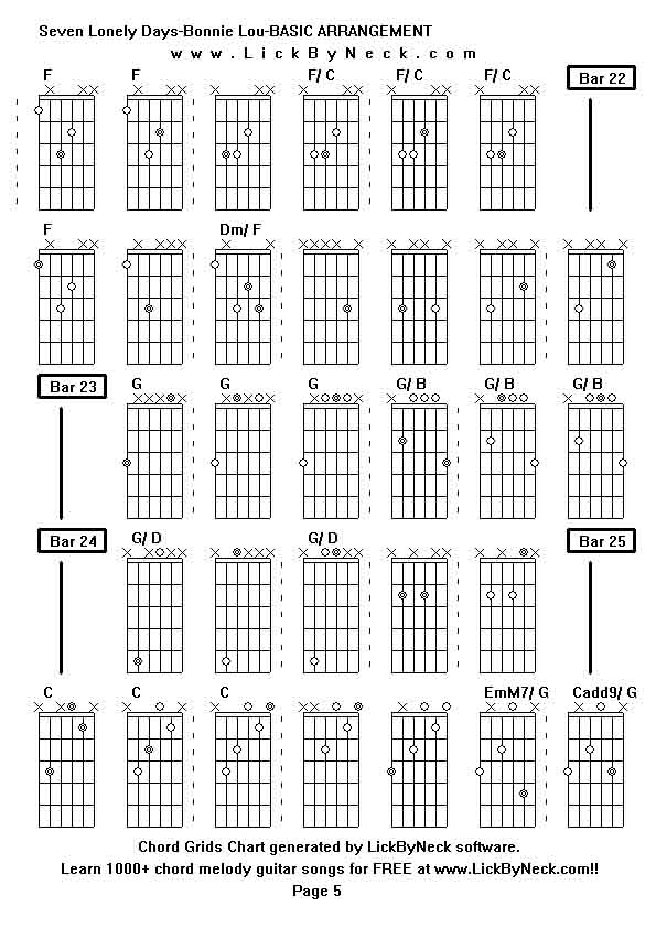 Chord Grids Chart of chord melody fingerstyle guitar song-Seven Lonely Days-Bonnie Lou-BASIC ARRANGEMENT,generated by LickByNeck software.